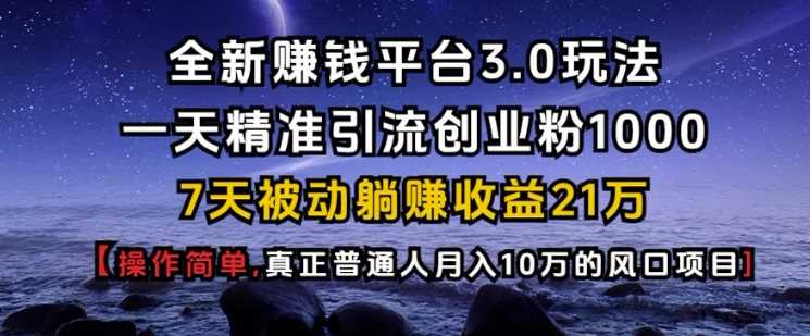 全新赚钱平台3.0玩法一天精准引流创业粉1000.7天被动躺Z收益21W【仅揭秘】_菜菜笔记