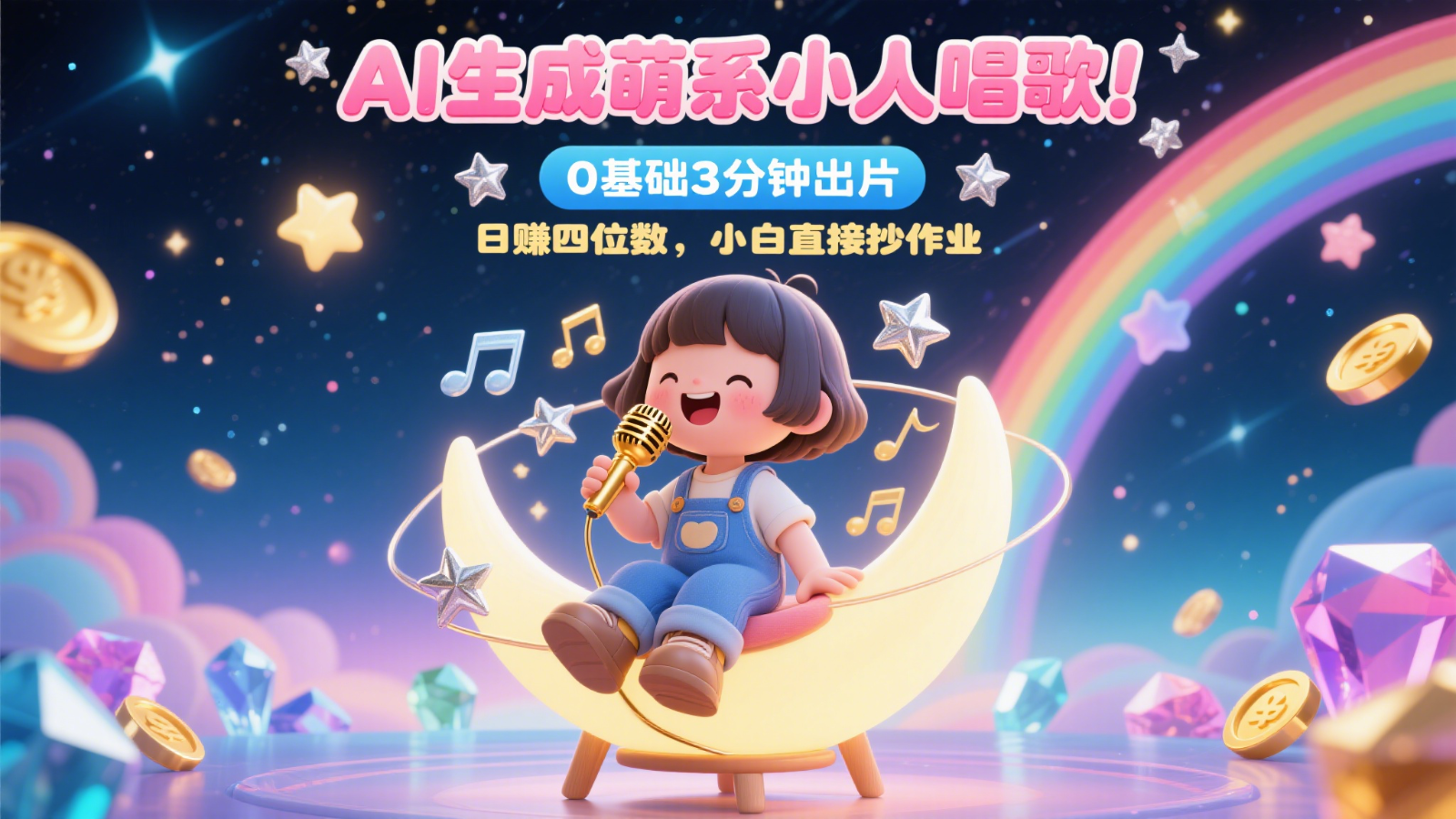 AI生成萌系小人唱歌！0基础3分钟出片，28个作品涨粉9万，日赚四位数，小白直接抄作业_菜菜笔记