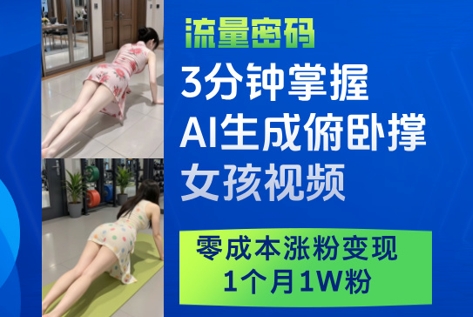 3分钟掌握AI生成俯卧撑女孩视频，零成本涨粉变现，1个月1W粉_菜菜笔记