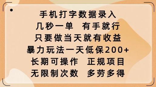 手机打字数据录入，几秒一单，有手就行，只要做当天就有收益，暴力玩法一天低保2张_菜菜笔记