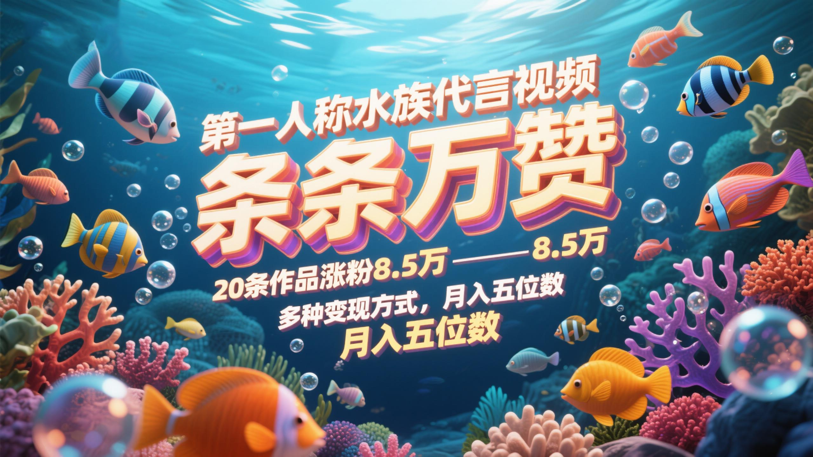 第一人称水族代言视频，条条万赞，20条作品涨粉8.5万，多种变现方式月，入五位数_菜菜笔记