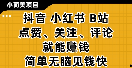 小而美的项目，抖音小红书B站视频点赞、关注、评论就能挣钱，简单无脑立见收益，妥妥的零撸项目【揭秘】_菜菜笔记