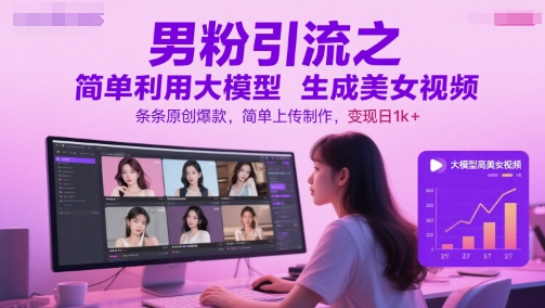 男粉引流之简单利用大模型生成美女视频，条条原创爆款，简单上传制作，变现日1k+_菜菜笔记