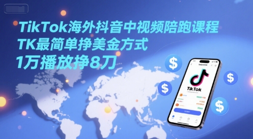 TikTok海外抖音中视频陪跑课程，TK最简单挣美金方式，1万播放挣8刀_菜菜笔记