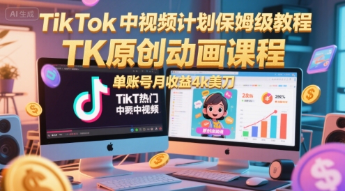 TikTok中视频计划保姆级教程，TK原创动画课程，单账号月收益4k美刀_菜菜笔记