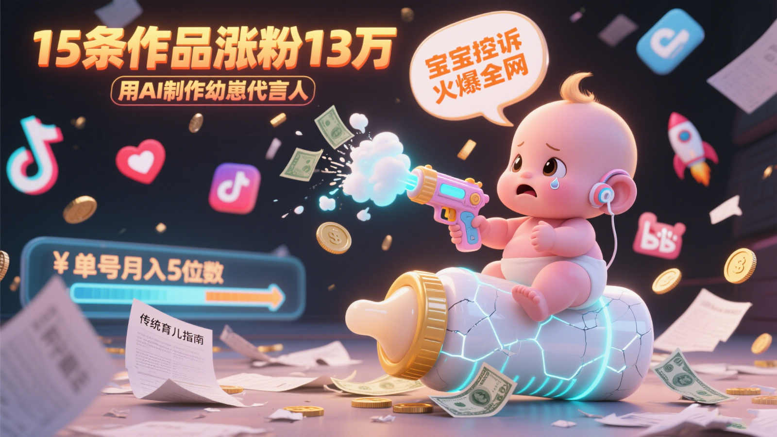 用AI制作幼崽代言人，宝宝的控诉火爆全网，15条作品涨粉13万，单号月入5位数实操教程_菜菜笔记
