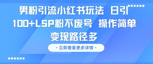 男粉引流小红书玩法，日引100+LSP粉不废号，操作简单，变现路径多_菜菜笔记
