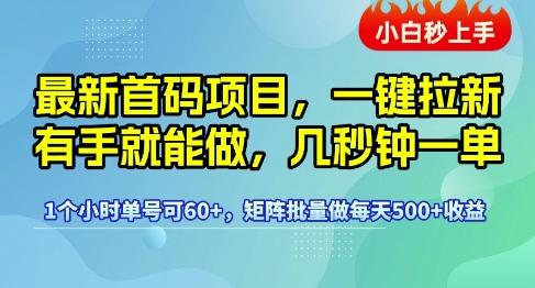 最新首码项目，一键拉新有手就能做，几秒钟一单，1个小时单号可60+，矩阵批量做每天5张【揭秘】_菜菜笔记
