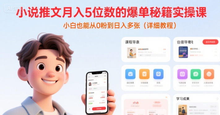 小说推文月入5位数的爆单秘籍实操课，，小白也能从0粉到日入多张(详细教程)_菜菜笔记