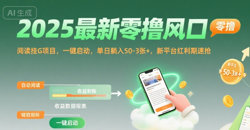 2025最新零撸风口，阅读挂G项目，一键启动，单日躺入 50-3张+，新平台红利期速抢【揭秘】_菜菜笔记