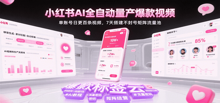 小红书AI全自动量产爆款视频，单账号日更百条视频，7天搭建不封号矩阵流量池_菜菜笔记