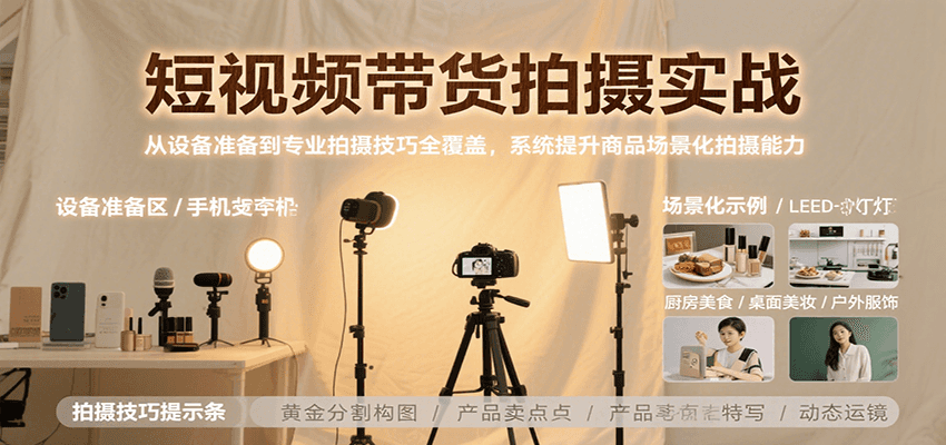 短视频带货拍摄实战，从设备准备到专业拍摄技巧全覆盖，系统提升商品场景化拍摄能力_菜菜笔记