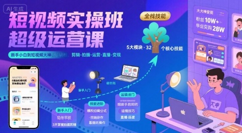 短视频实操班超级运营课，新手小白到短视频大神必修课程，剪辑-拍摄-运营-直播-变现_菜菜笔记