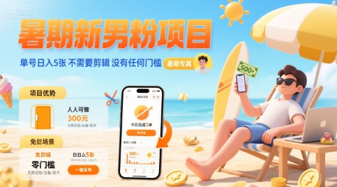 暑期新男粉项目 单号日入5张 不需要剪辑 没有任何门槛_菜菜笔记