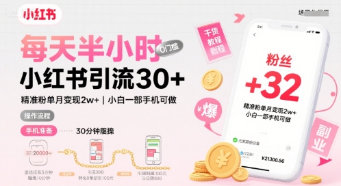 每天半小时小红书引流30+，精准粉单月变现2w+，小白新手一部手机可做，今天5分钟硬核实操_菜菜笔记