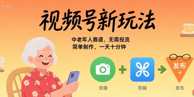 视频号新玩法，中老年人赛道，无需投流，简单制作，一天十分钟，月入1W_菜菜笔记