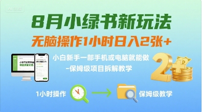 8月小绿书新玩法，无脑操作1小时日入2张+，小白新手一部手机或电脑就能做，保姆级项目拆解教学_菜菜笔记