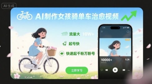 AI制作女孩骑单车治愈视频，流量大，起号快，快速起千粉万粉号_菜菜笔记