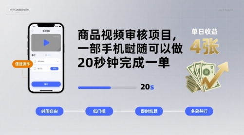 商品视频审核项目，一部手机随时随地都可以做，20秒钟完成一单，单日收益 4张【揭秘】_菜菜笔记