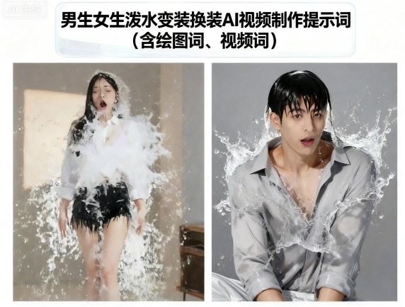男生女生泼水变装换装AI视频制作提示词(含绘图词、视频词)_菜菜笔记