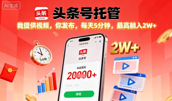 【头条号托管】我提供视频，你发布，每天5分钟，最高躺入2W+【揭秘】_菜菜笔记