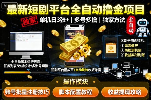 最新短剧平台全自动挂G撸金项目，单机一天3张+，多号多撸，区别于市面所有挂机项目，独家方法【揭秘】_菜菜笔记
