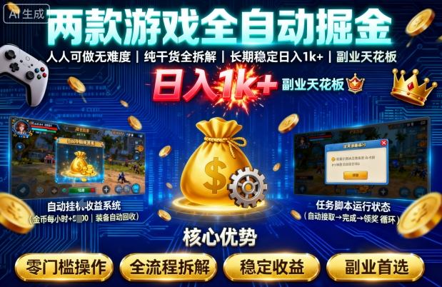 两款游戏全自动掘金，人人可做无难度，纯干货全拆解，长期稳定，日入1k+，副业天花板【揭秘】_菜菜笔记