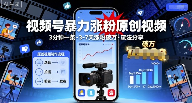 视频号暴力涨粉原创视频，3分钟一条原创视频，3-7天涨粉破万，玩法分享给你_菜菜笔记