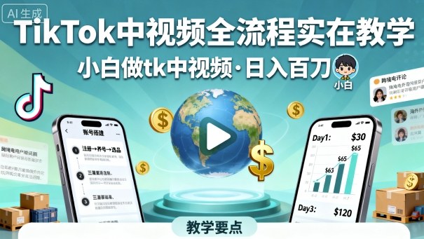 TikTok中视频全流程实操教学，小白做tk中视频，日入百刀_菜菜笔记