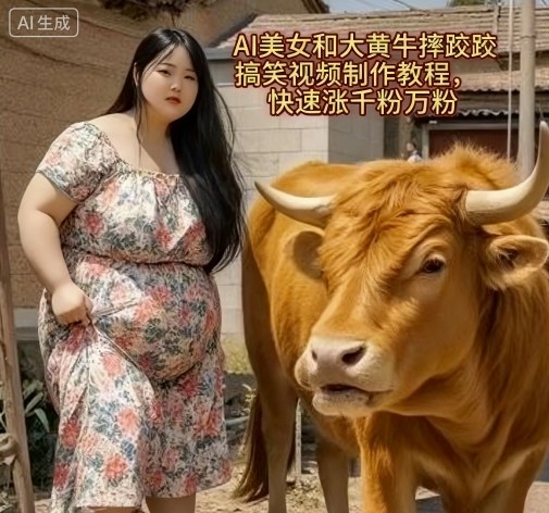 AI美女和大黄牛摔跤搞笑荒诞视频制作教程，快速涨千粉万粉_菜菜笔记