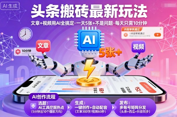 头条搬砖最新玩法，文章+视频用AI全搞定，一天5张+不是问题，每天只需10分钟_菜菜笔记