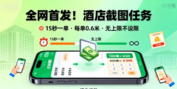 全网首发！酒店截图任务，15秒一单，每单0.6米，任务无上限不设限，矩阵操作单日3张到手【揭秘】_菜菜笔记