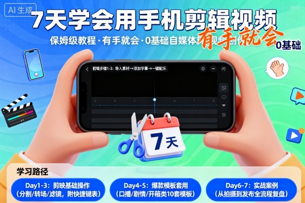 7天学会用手机剪辑视，保姆级教程，有手就会，0基础自媒体短视频创作教程_菜菜笔记