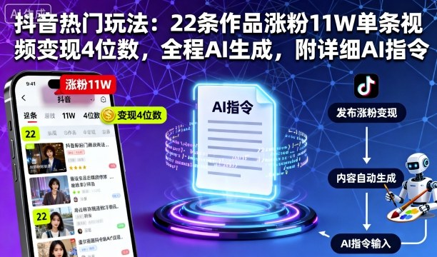 抖音热门玩法：22条作品涨粉11W单条视频变现4位数，全程AI生成，附详细AI指令_菜菜笔记