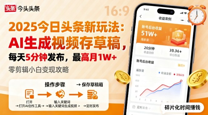2025年今日头条躺賺新玩法，AI生成视频存草稿，每天5分钟发布，最高月1W+【揭秘】_菜菜笔记