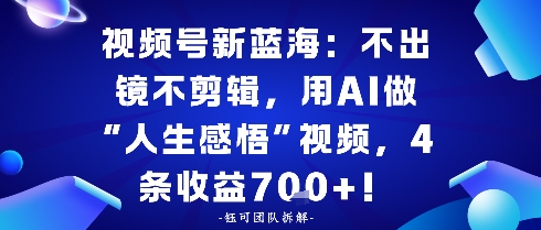 视频号新蓝海：不出镜不剪辑，用AI做“人生感悟”视频，4条收益7张_菜菜笔记