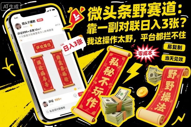 微头条野赛道，靠一副对联日入3张？我这操作太野，平台都拦不住！_菜菜笔记