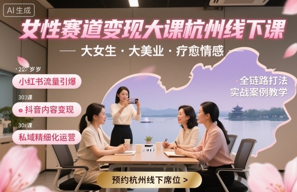 女性赛道变现大课杭州线下，大女生，大美业，疗愈情感，一套小红书、抖音、私域全链路打法_菜菜笔记