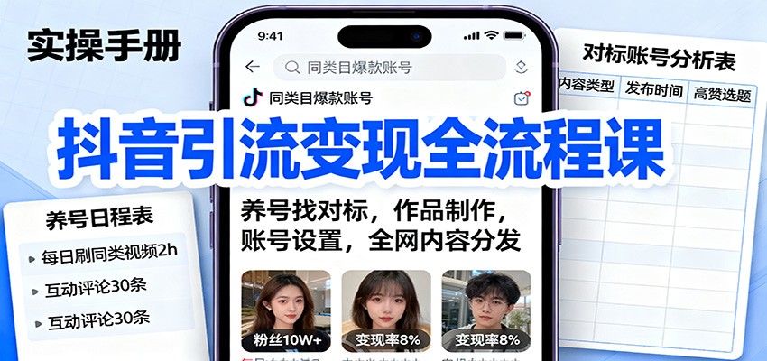 抖音引流变现全流程课：养号找对标，作品制作，账号设置，全网内容分发_菜菜笔记
