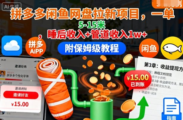 拼多多闲鱼网盘拉新项目，一单5-15米，睡后收入+管道收入1w+（附保姆级教程）_菜菜笔记