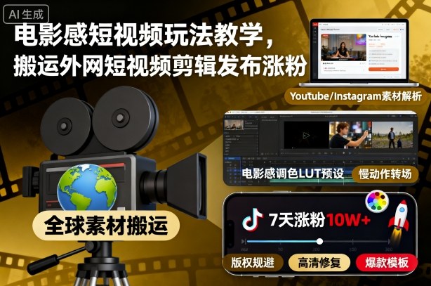 电影感短视频玩法教学，搬运外网短视频剪辑发布涨粉_菜菜笔记