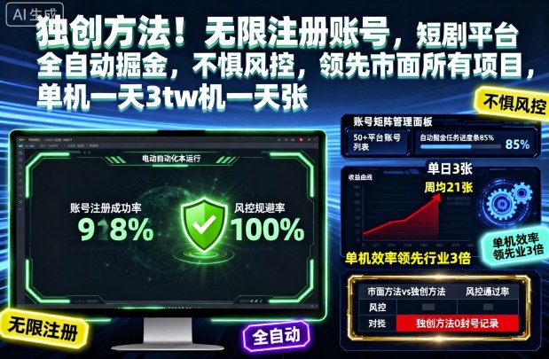 独创方法！无限注册账号，短剧平台全自动掘金，不惧风控，领先市面所有项目，单机一天3张【揭秘】_菜菜笔记