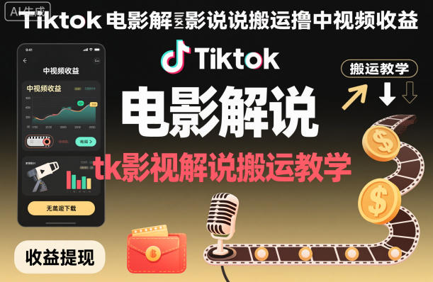 Tiktok电影解说搬运撸中视频收益，tk影视解说搬运教学_菜菜笔记