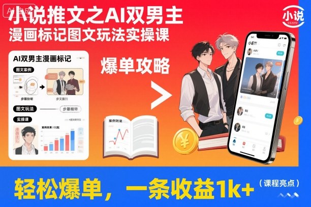 小说推文之AI双男主漫画标记图文玩法实操课，轻松爆单，一条收益1k+_菜菜笔记