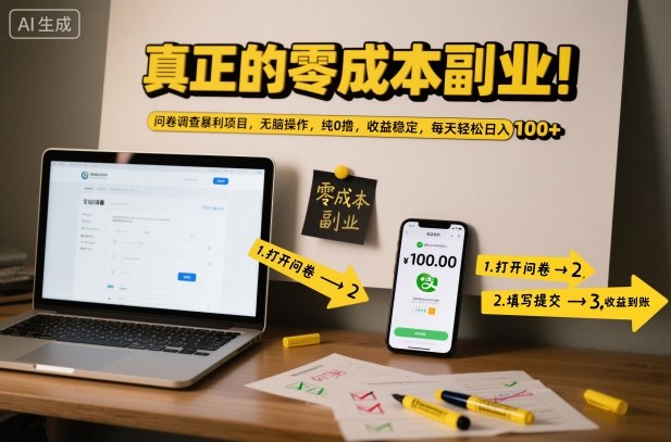 真正的零成本副业！问卷调查暴利项目，无脑操作，纯0撸，收益稳定，每天轻松日入100+【揭秘】_菜菜笔记