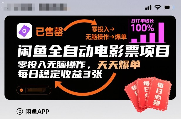 闲鱼全自动电影票项目，零投入无脑操作，天天爆单，每日稳定收益3张【揭秘】_菜菜笔记