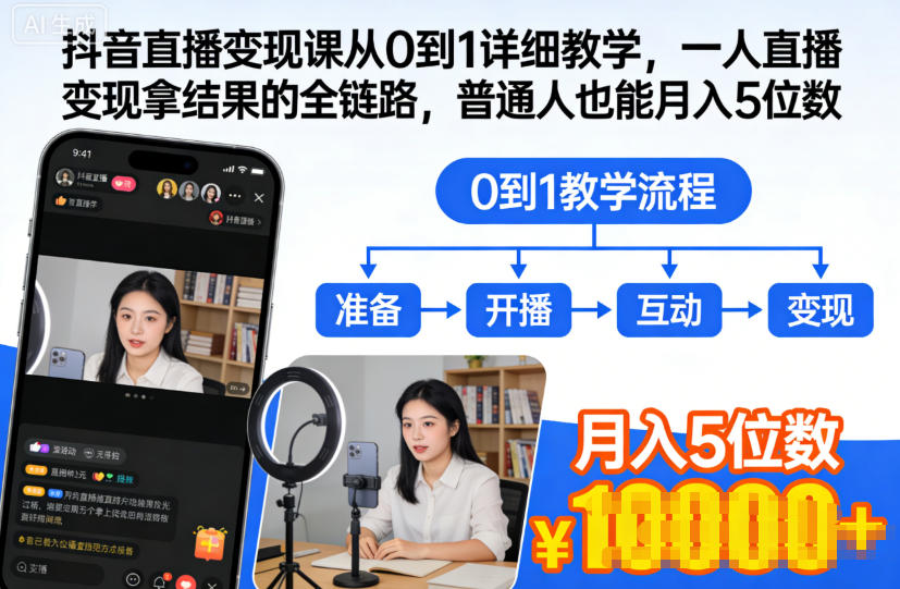 抖音直播变现课从0到1详细教学，一人直播变现拿结果的全链路，普通人也能月入5位数_菜菜笔记