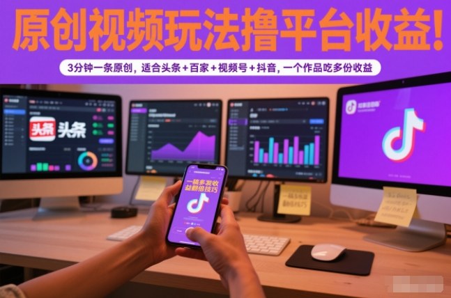 原创视频玩法撸平台收益，3分钟一条原创，适合头条+百家+视频号+抖音，一个作品吃多份收益_菜菜笔记