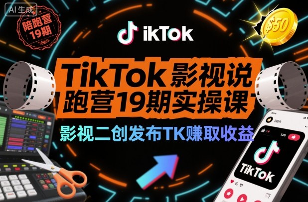 TikTok影视解说陪跑营19期实操课，影视二创发布TK賺取收益，万播收益50美金（更新）_菜菜笔记