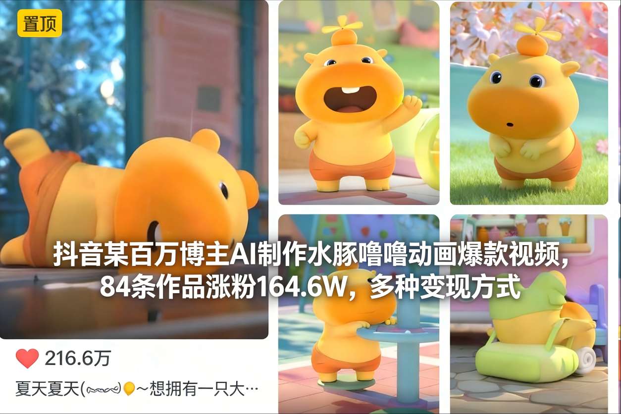 抖音某百万博主AI制作水豚噜噜动画爆款视频，84条作品涨粉164.6W，多种变现方式_菜菜笔记